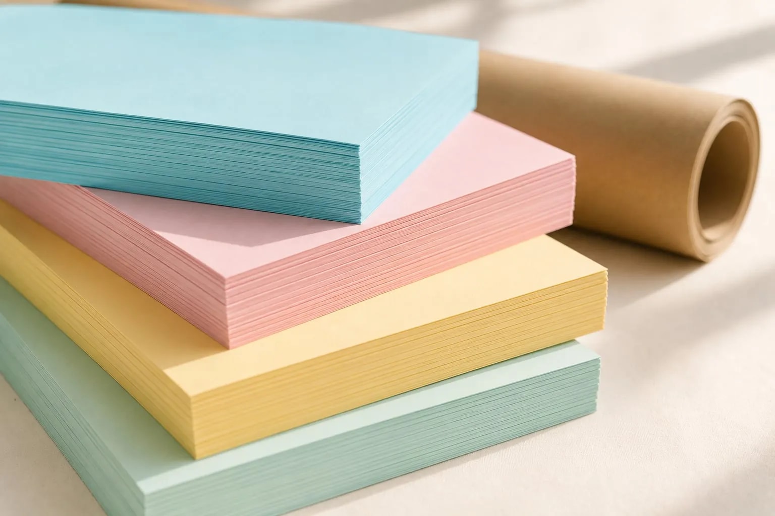 Pilas de papel recién cortado en los colores pastel y un rollo kraft