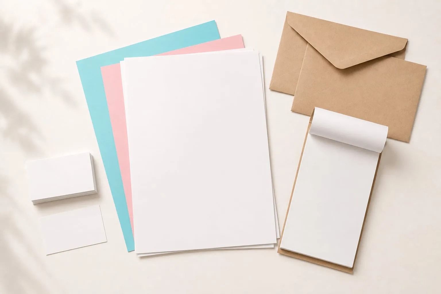 Papelería comercial en blanco: tarjetas, membretes, sobres kraft y talonario