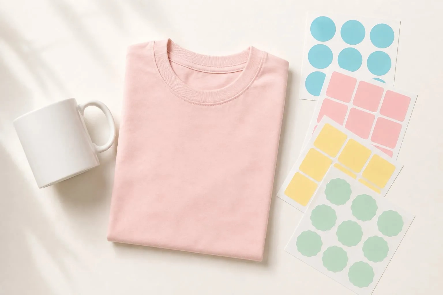 Remera rosa doblada, taza blanca y planchas de stickers pastel